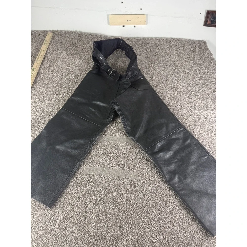 Mens Black Leather Motorcycle Chaps Biker Riding Gear Adjustable Belted Waist